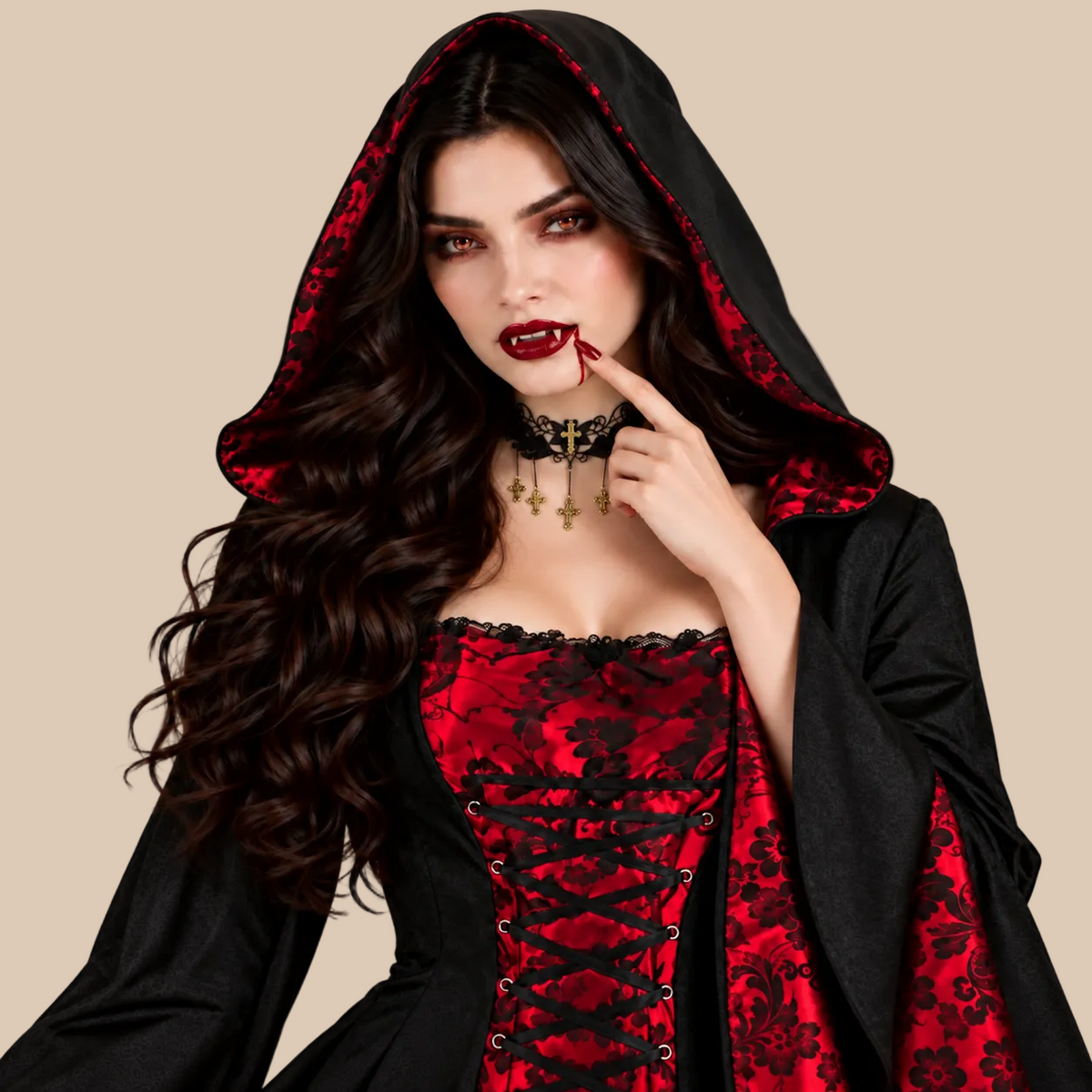 Women’s red and black hooded vampire dress, bodice details