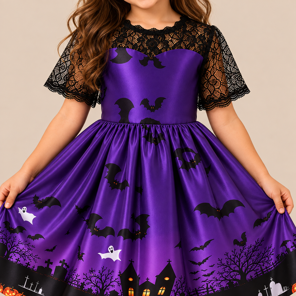 Girl’s purple witch dress with haunted-castle print and lace sleeves, print details