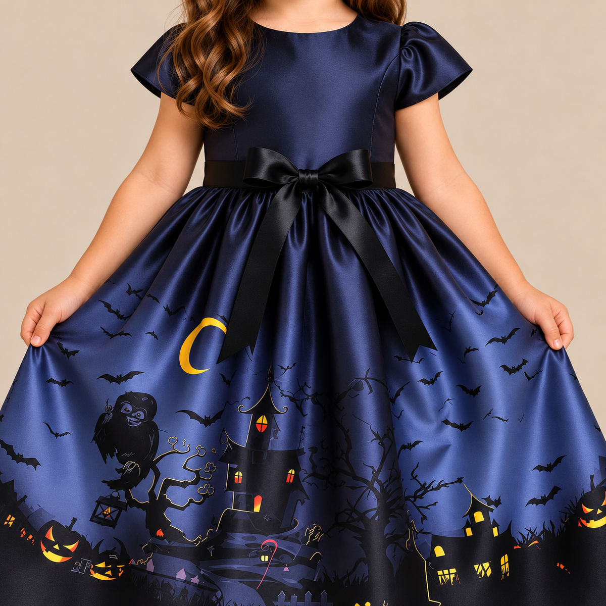 Girl’s witch dress with a night-castle and moon print, print details