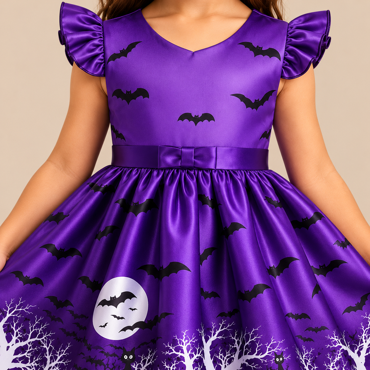 Girl’s purple witch dress with bat and moon print, print details