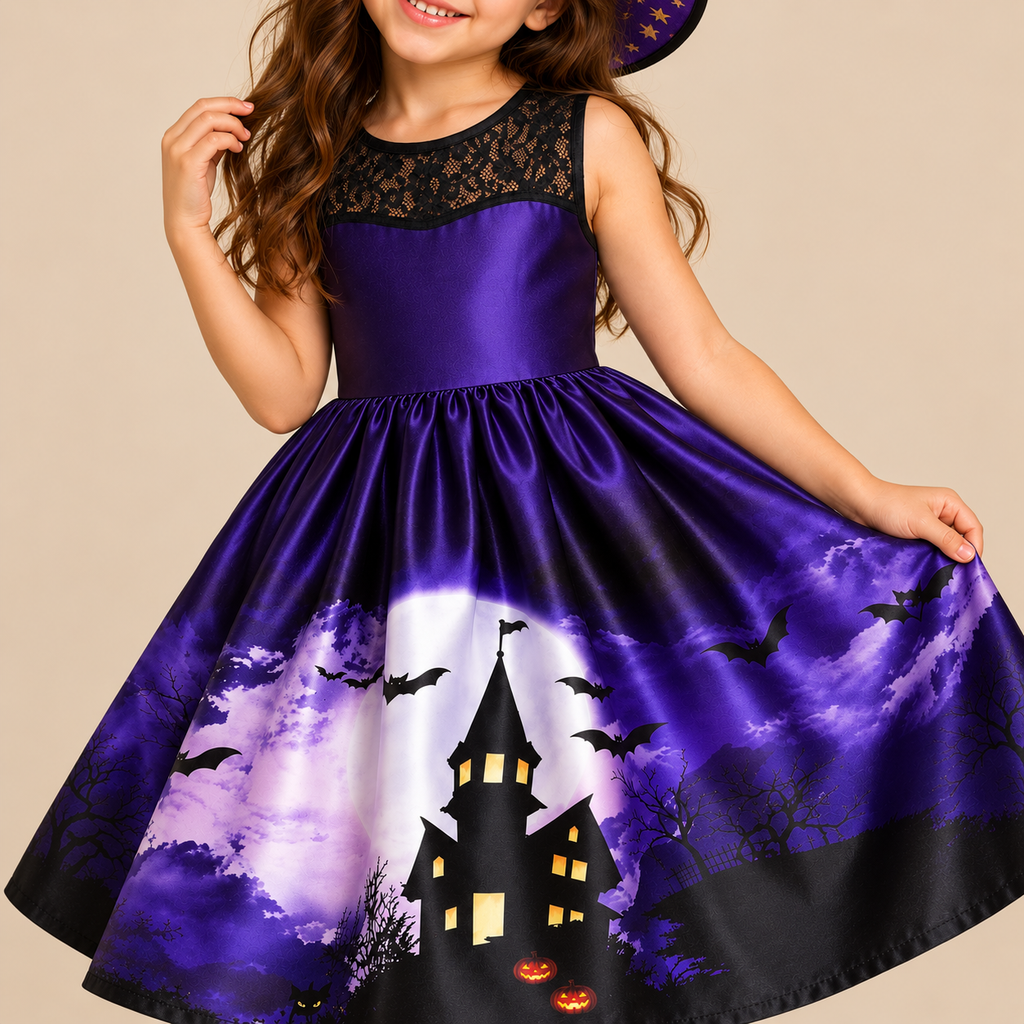Girl’s purple witch dress with a haunted-castle print, print details