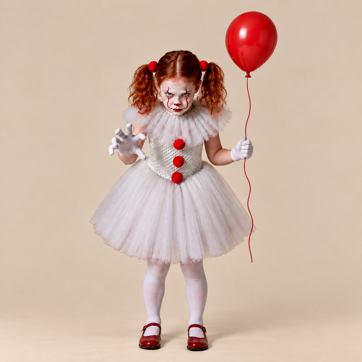 Girl’s white clown dress with ruffled collar and red pom-poms, alternate front view