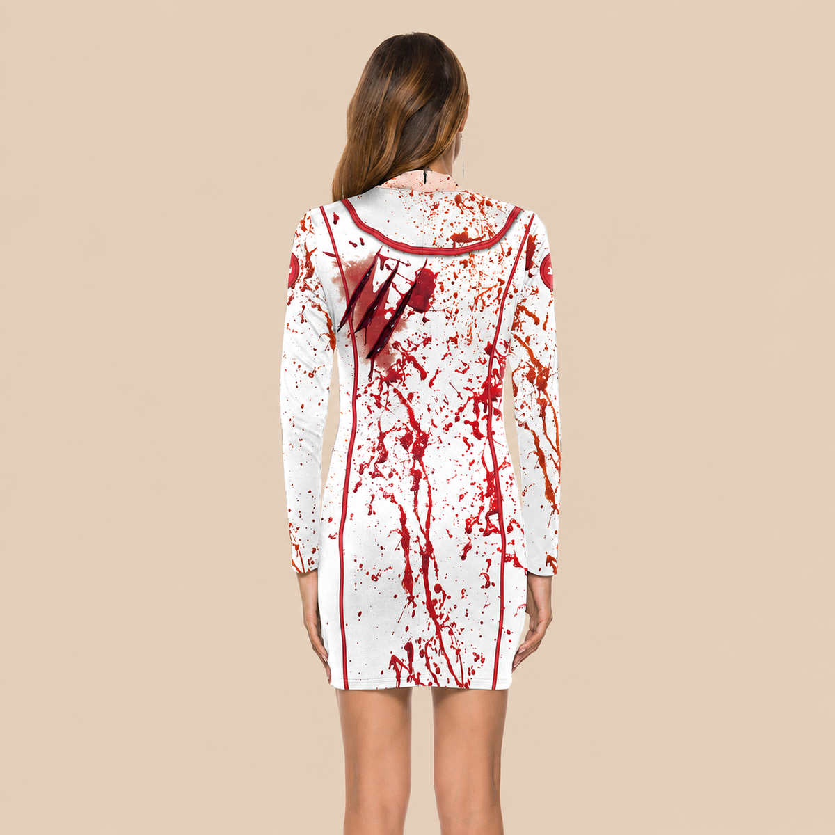 White zombie nurse dress with blood-splatter print, back view