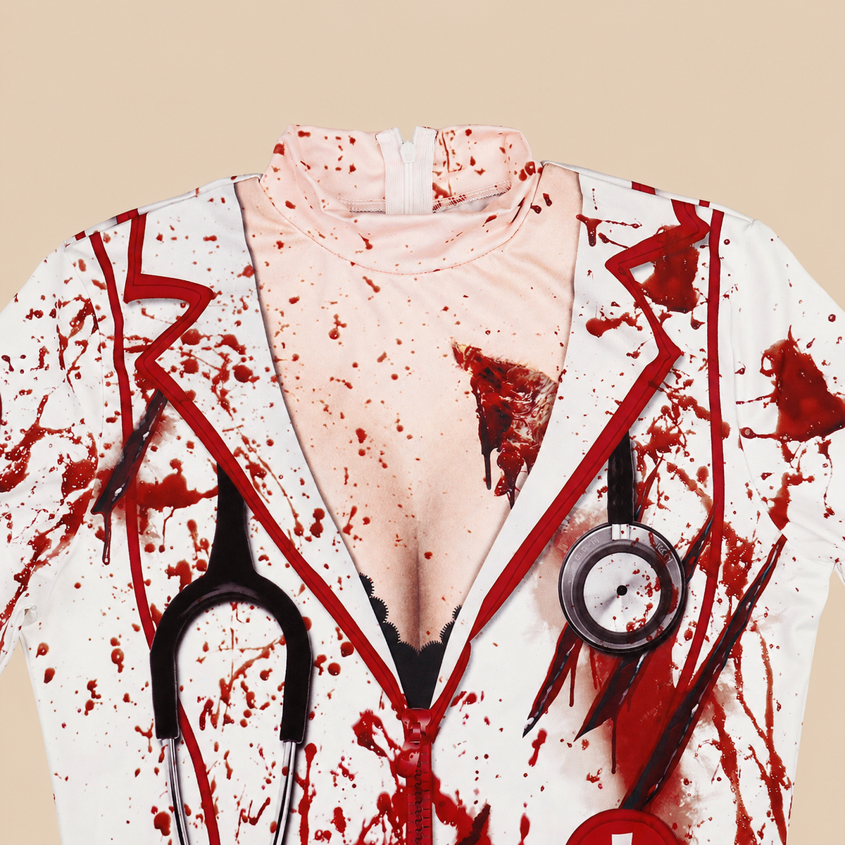 White zombie nurse dress with blood-splatter print, print details