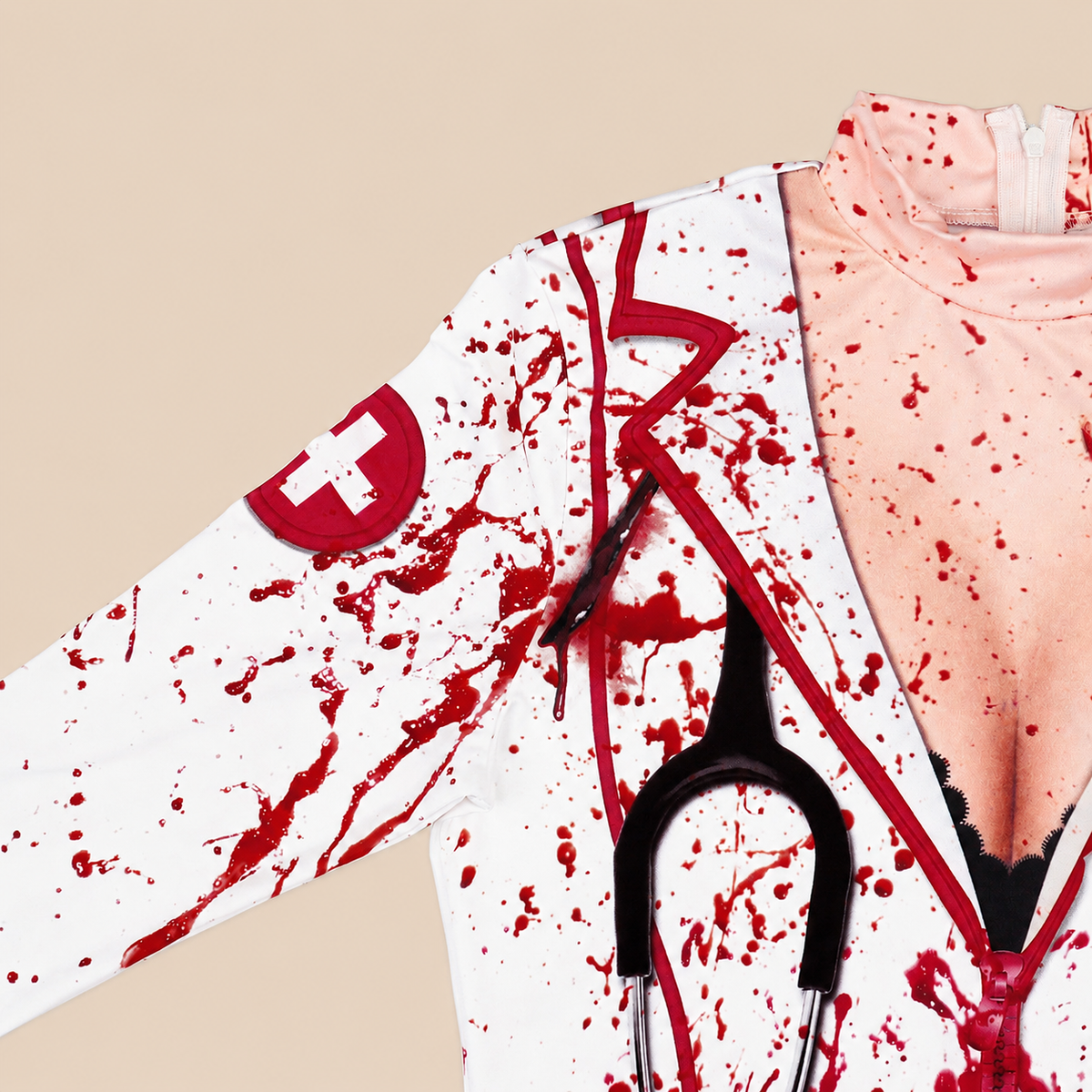 White zombie nurse dress with blood-splatter print, shoulder details