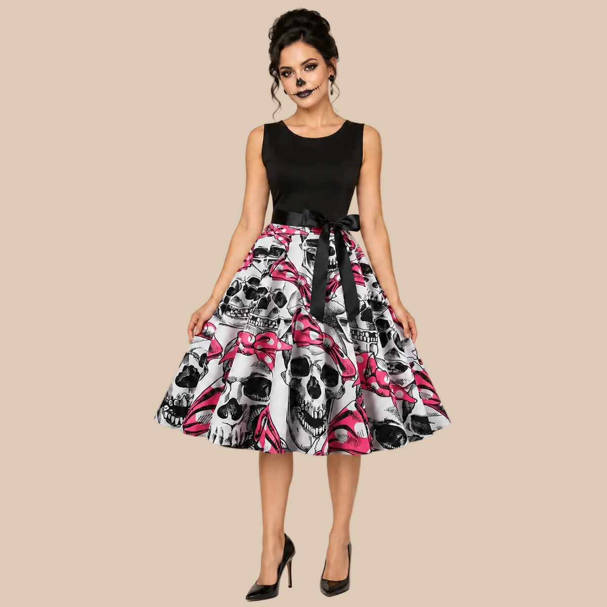 Sleeveless dress with a black bodice and skull-print skirt, front view