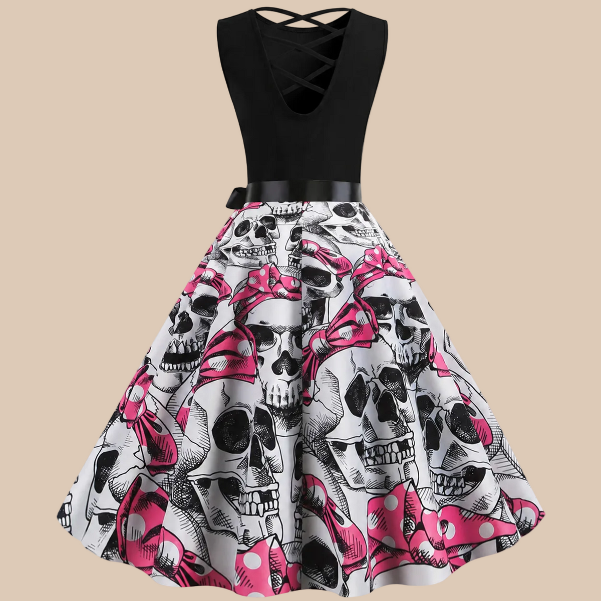Sleeveless dress with a black bodice and skull-print skirt, product back view