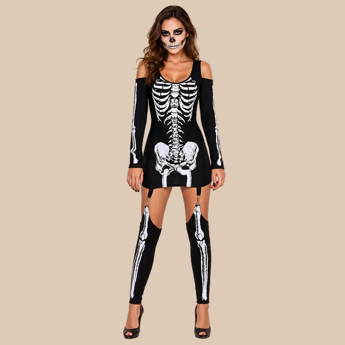 Women’s black skeleton-print outfit, front view