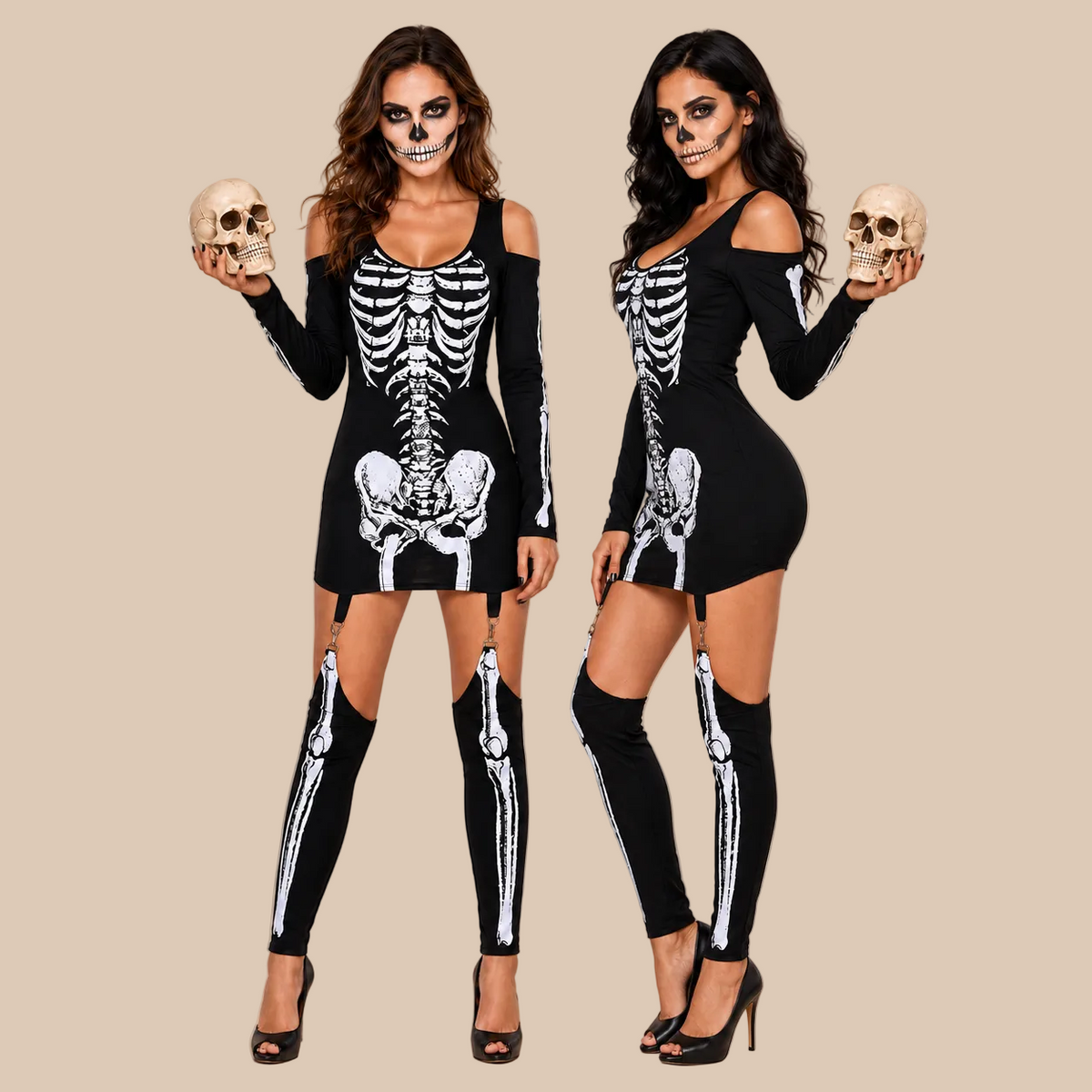 Women’s black skeleton-print outfit, shown in two poses