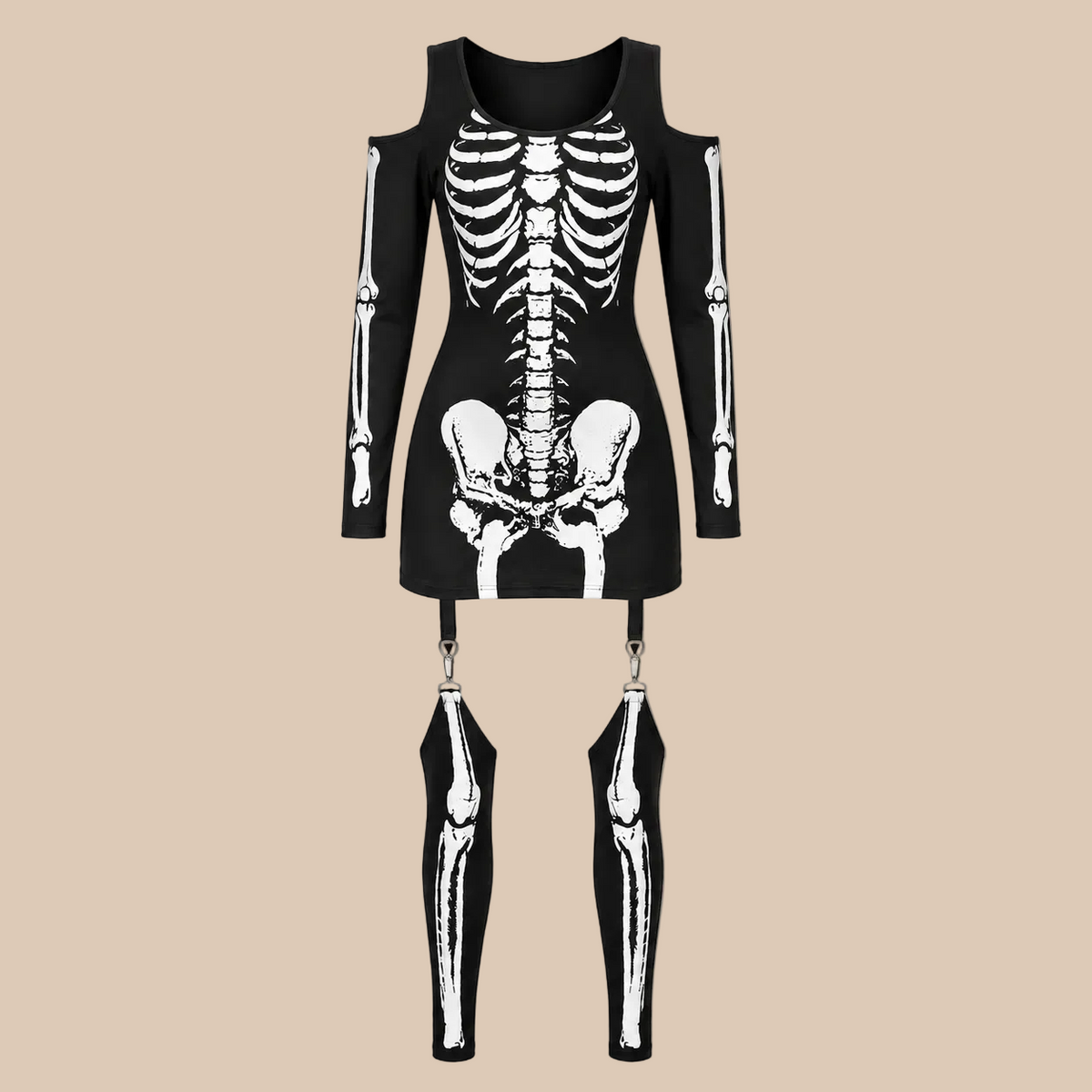 Women’s black skeleton-print outfit, product view