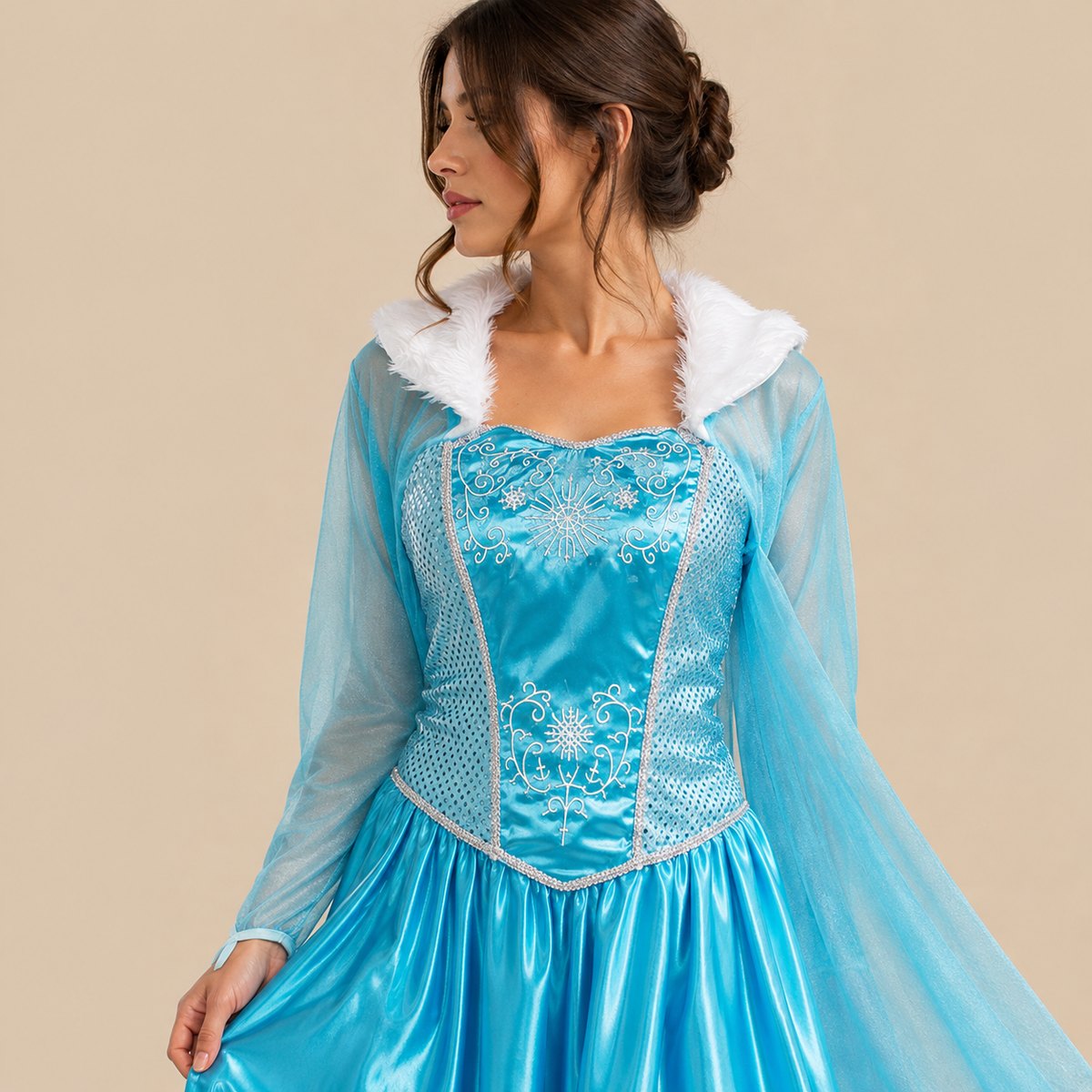 Long blue princess dress with sheer sleeves, bodice details