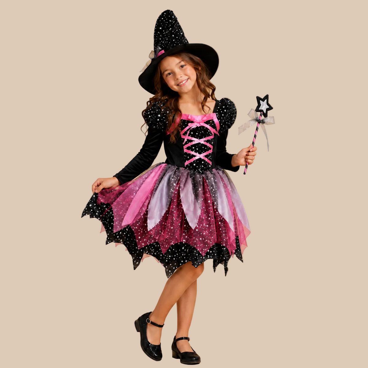 Girl’s witch dress with a laced bodice and pointed skirt, alternate front view