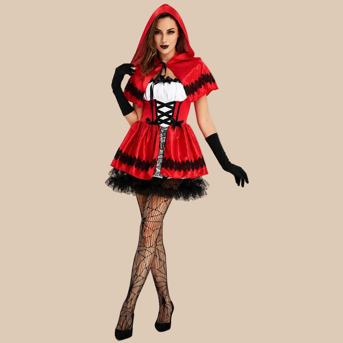 Women’s red hooded dress with contrasting trim, front view