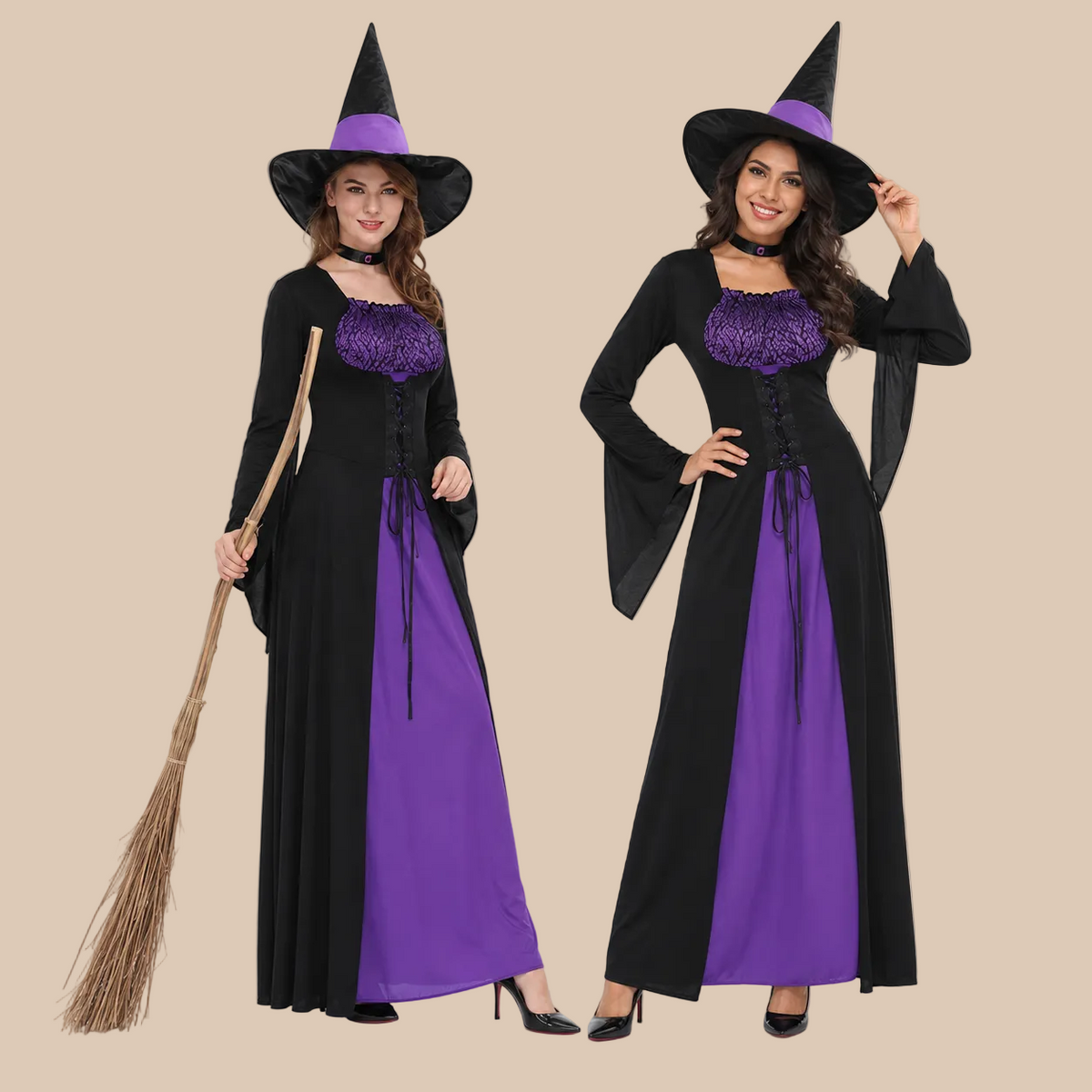 Women’s black and purple witch dress, shown in two poses