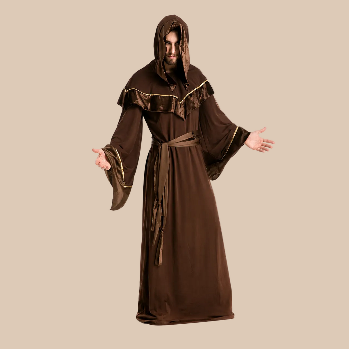 Men’s brown hooded wizard robe, front view