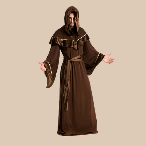 Men’s brown hooded wizard robe, front view
