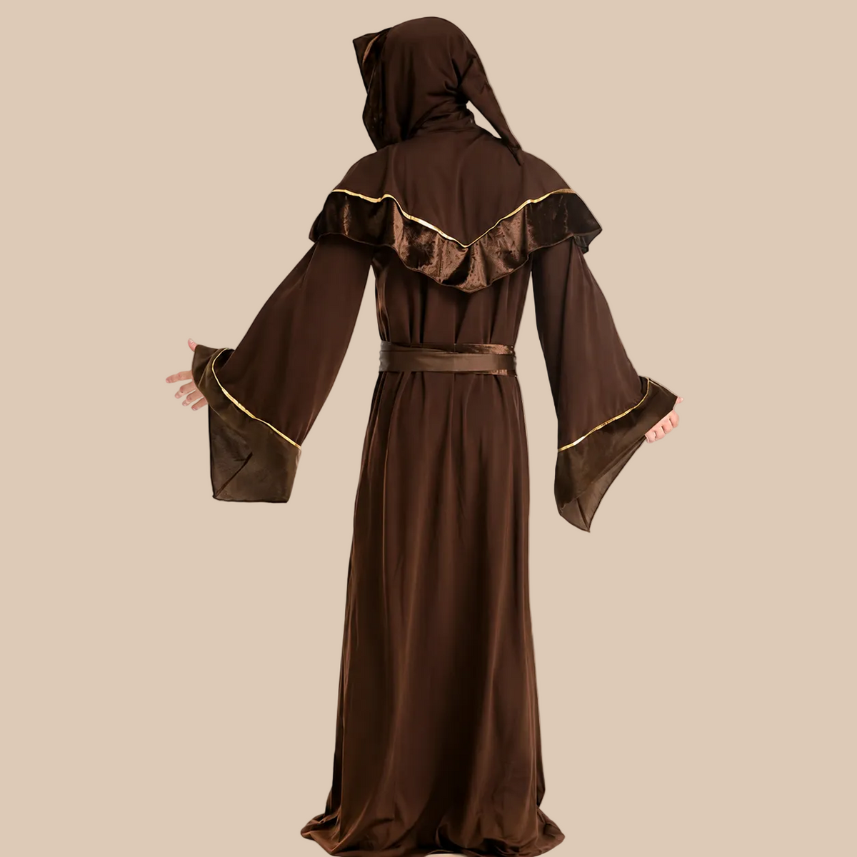 Men’s brown hooded wizard robe, back view