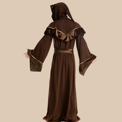 Men’s brown hooded wizard robe, back view