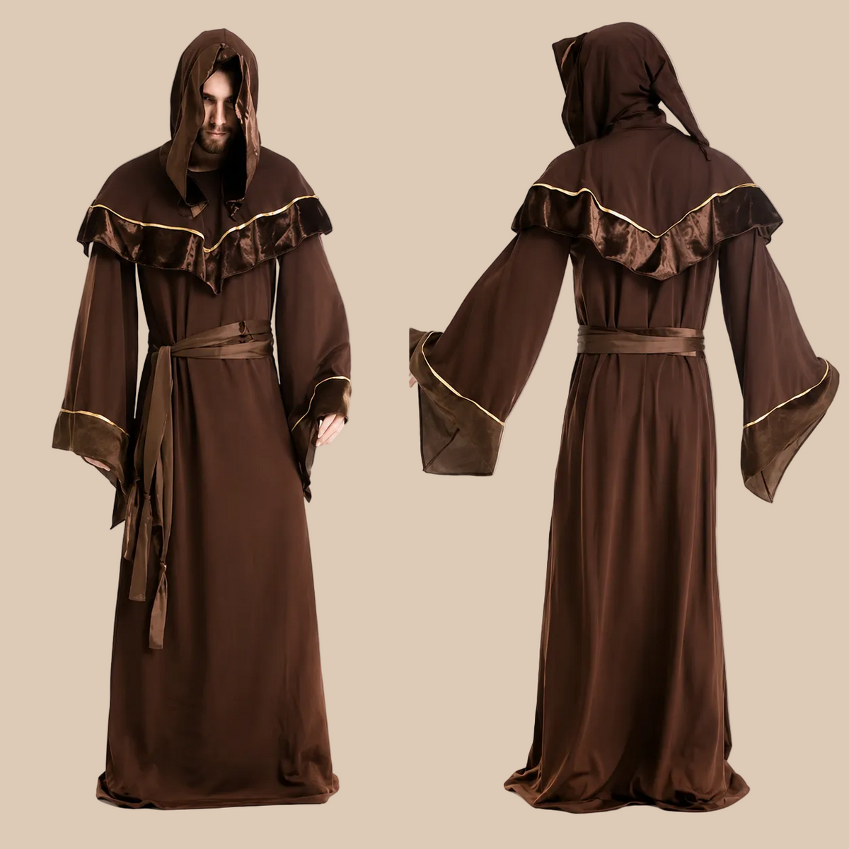 Men’s brown hooded wizard robe, front and back views