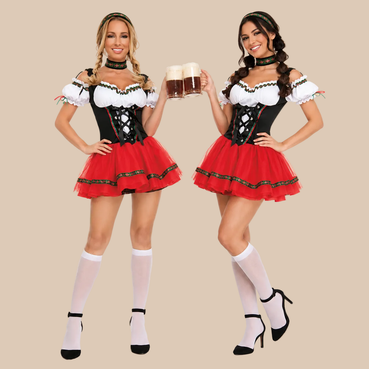 Women’s red skirt and contrasting bodice costume, shown in two poses