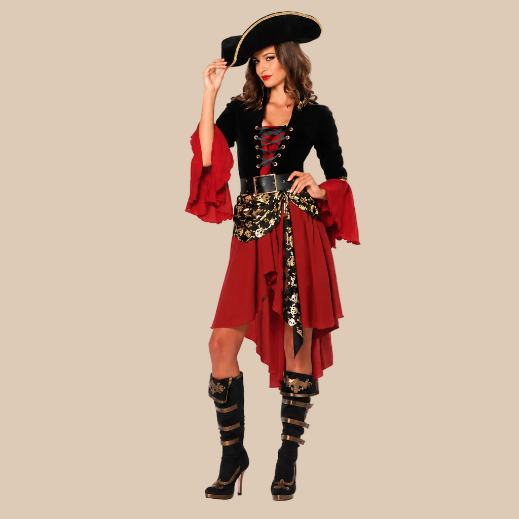 Women’s red and black pirate outfit, front view