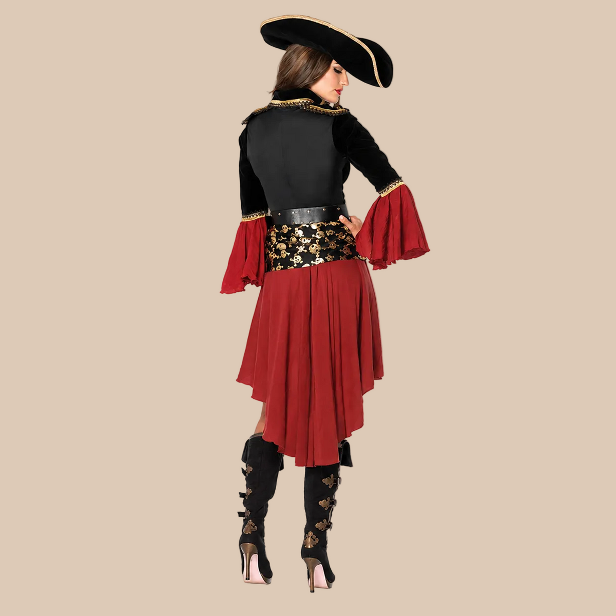 Women’s red and black pirate outfit, back view