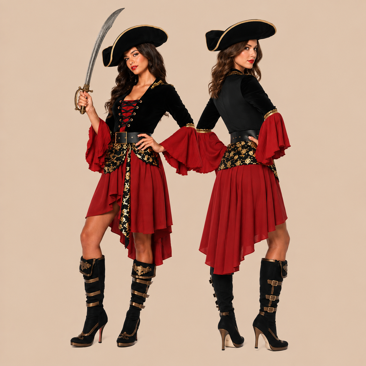 Women’s red and black pirate outfit, front and back views