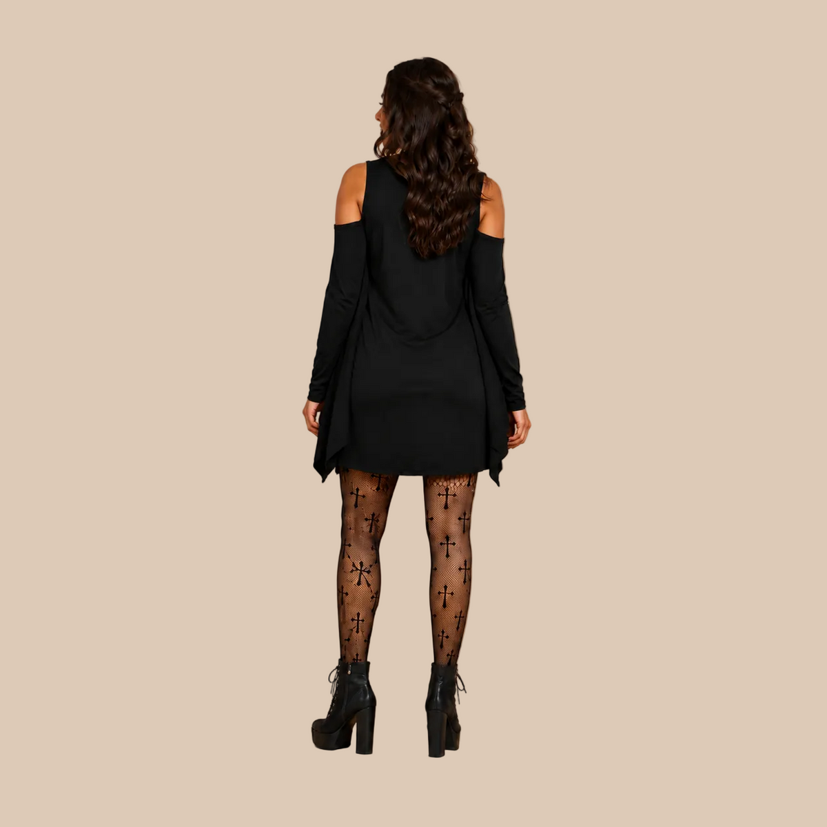 Women’s black dress with a spider and web print, back view
