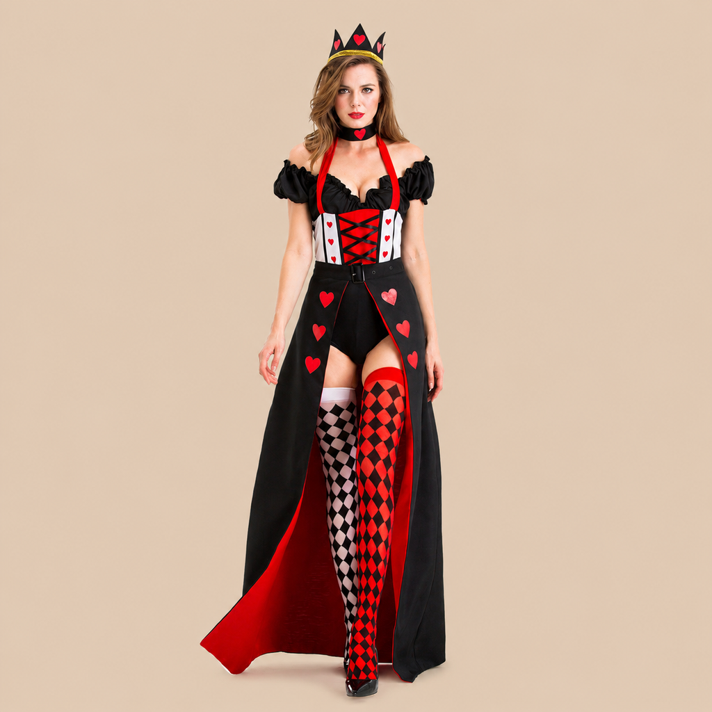 Women’s playing-card queen dress with heart motifs, front view