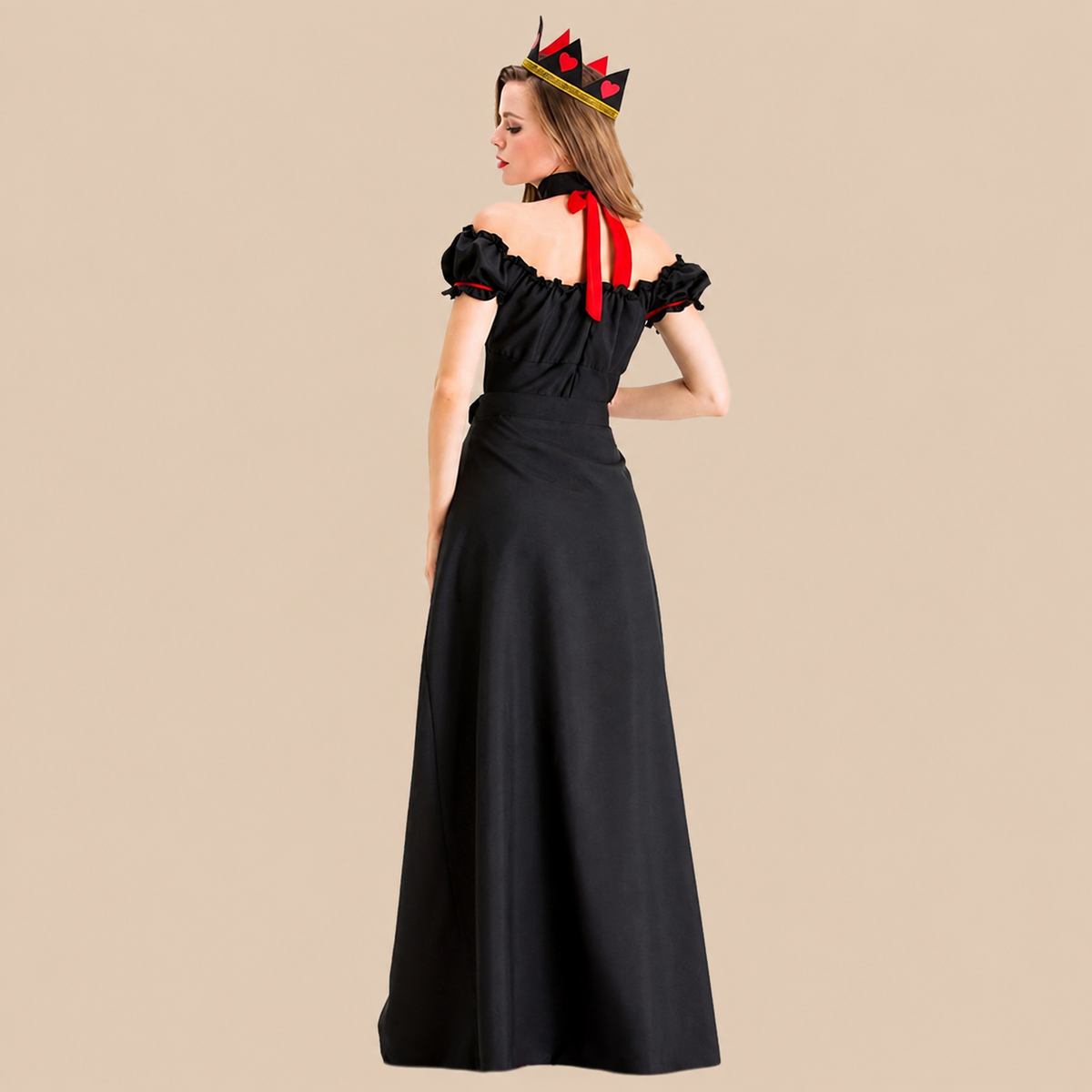 Women’s playing-card queen dress with heart motifs, back view