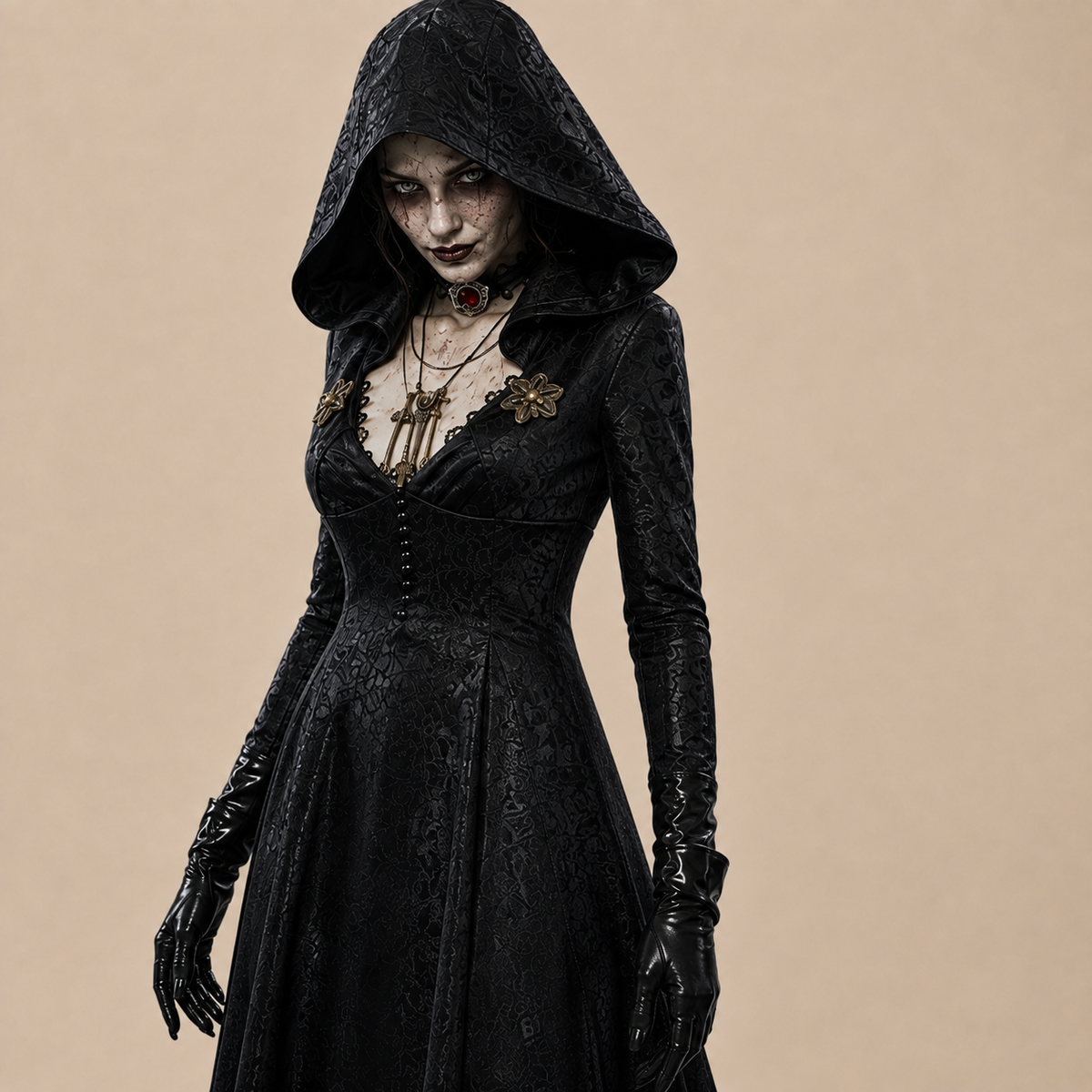 Long black hooded vampire dress with lace details, bodice details