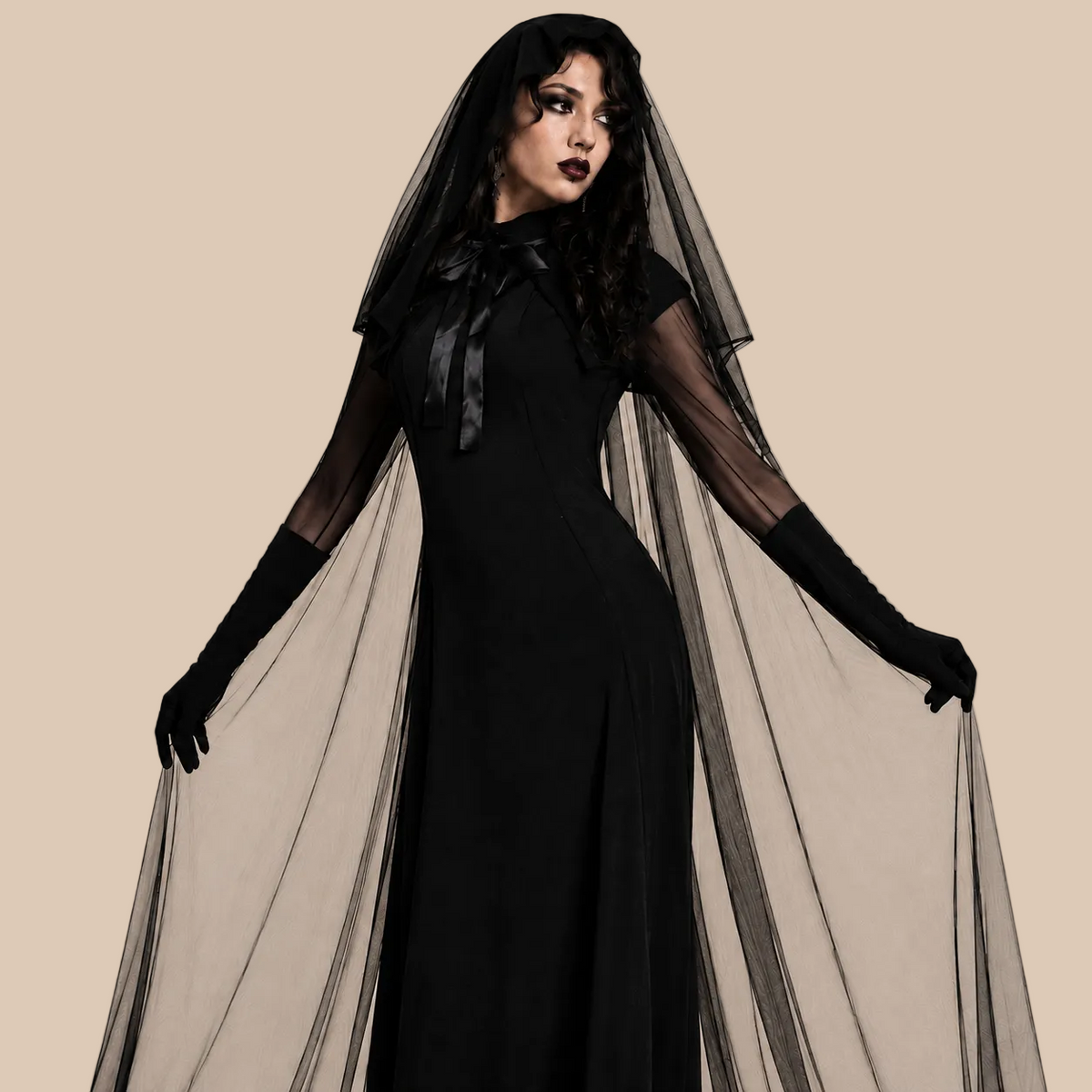 Long black gothic dress with a high neckline, alternate front view