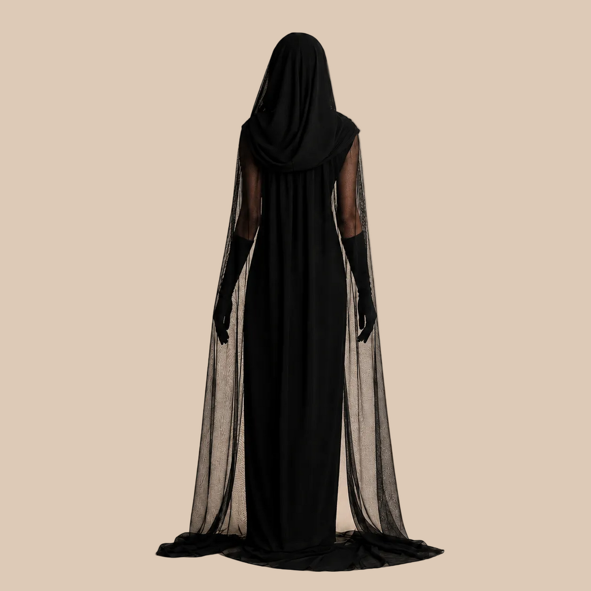 Long black gothic dress with a high neckline, back view