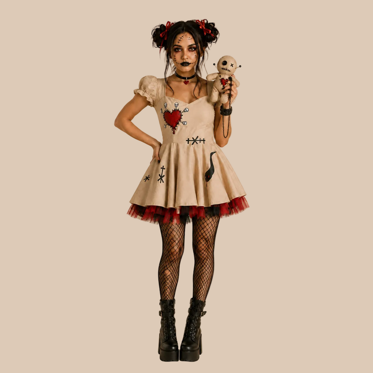 Beige doll-style dress with heart and stitch motifs, front view