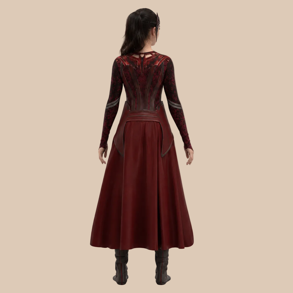 Girl’s dark red costume with long rear panels, alternate back view