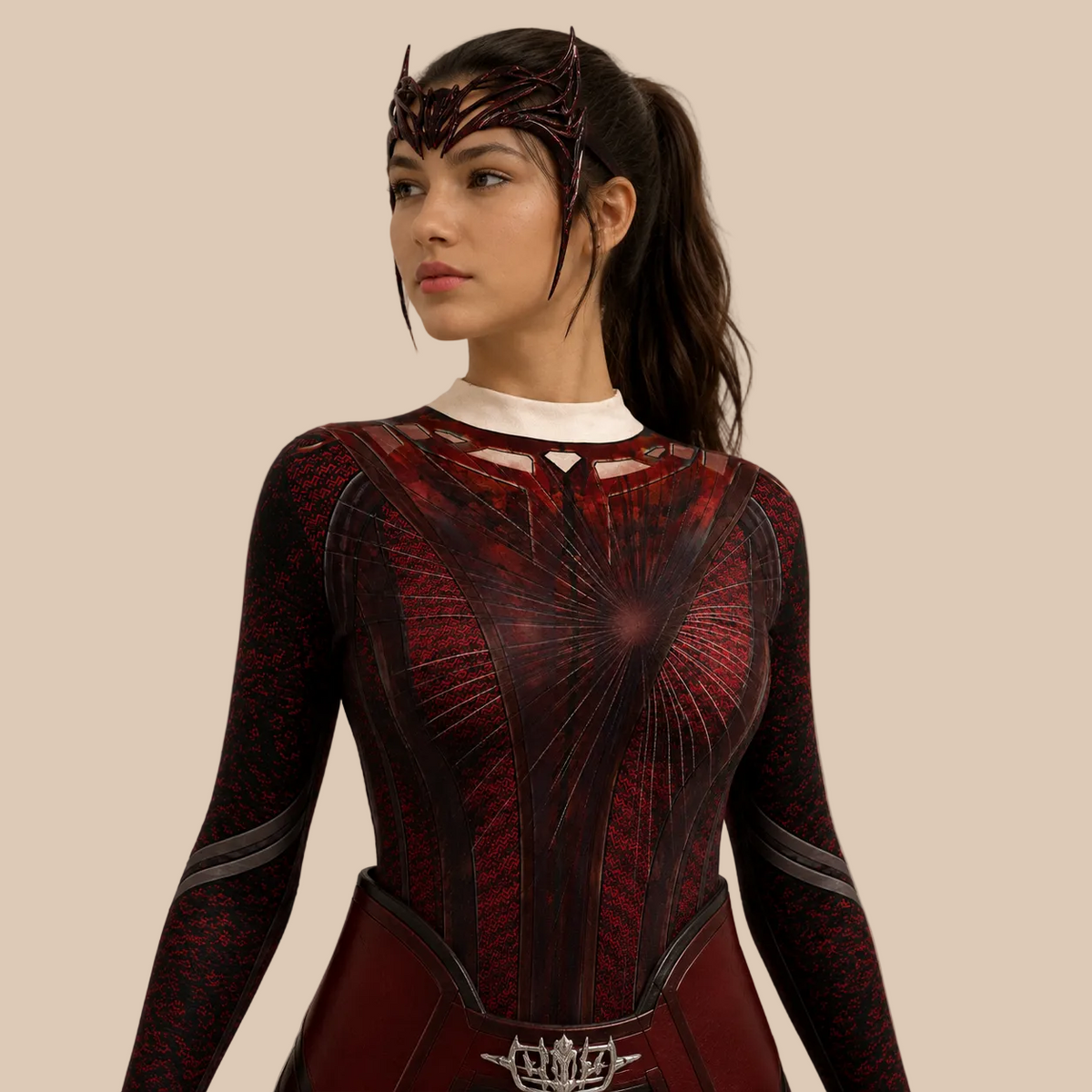 Girl’s dark red costume with printed bodice and trailing panels, neckline details