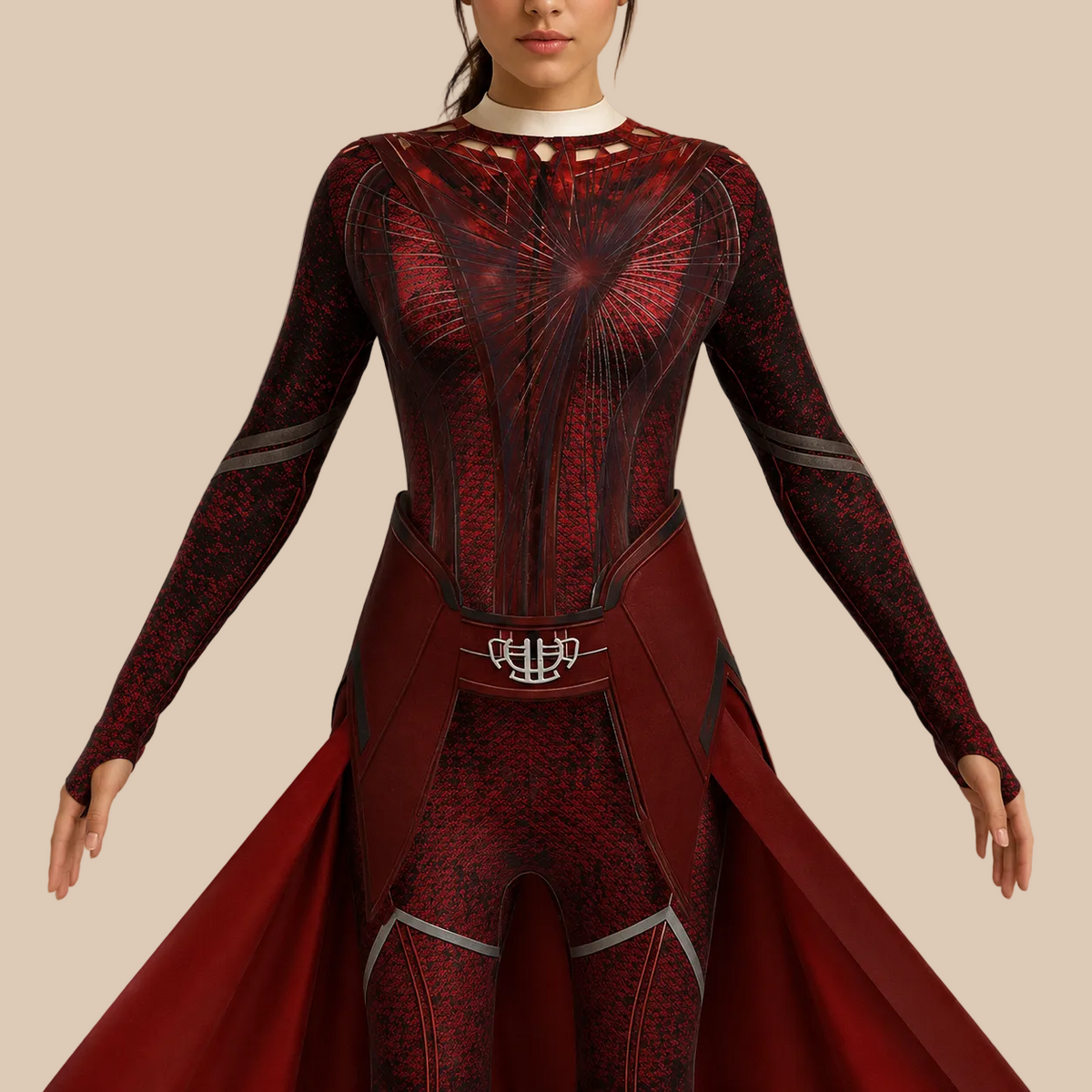 Girl’s dark red costume with printed bodice and trailing panels, bodice details