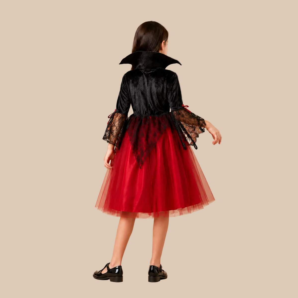 Girl’s red and black vampire dress with lace sleeves, back view