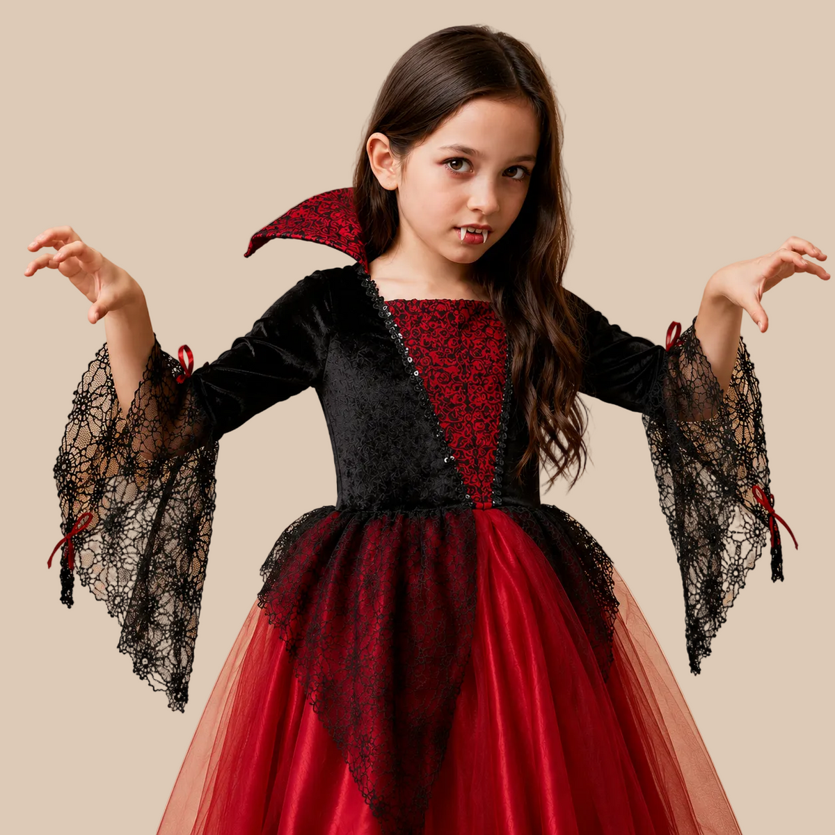 Girl’s red and black vampire dress with lace sleeves, bodice details
