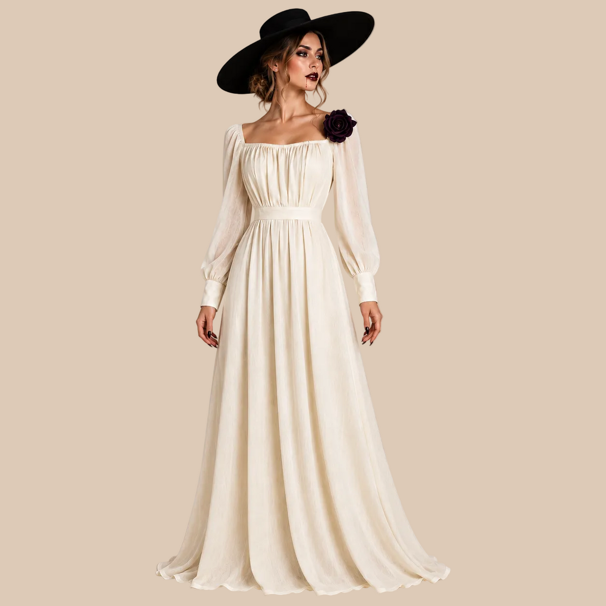 Long white dress with gathered waist and sleeves, front view