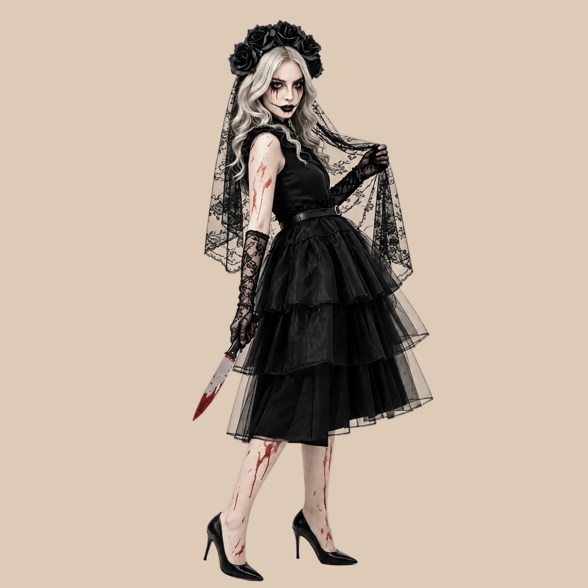 Women’s black gothic dress with tiered tulle skirt, front view