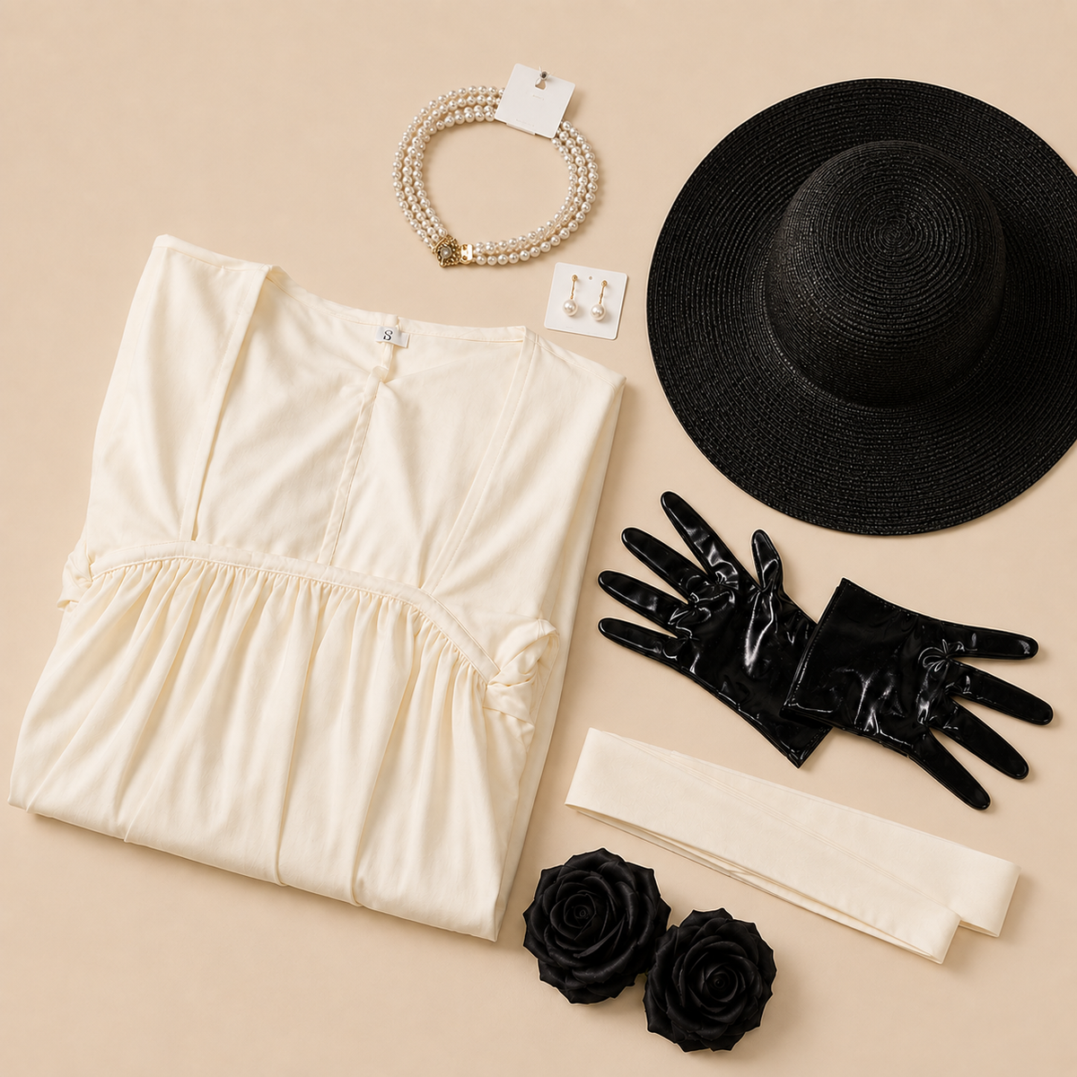 White dress fabric and styling accessories arranged together, laid flat