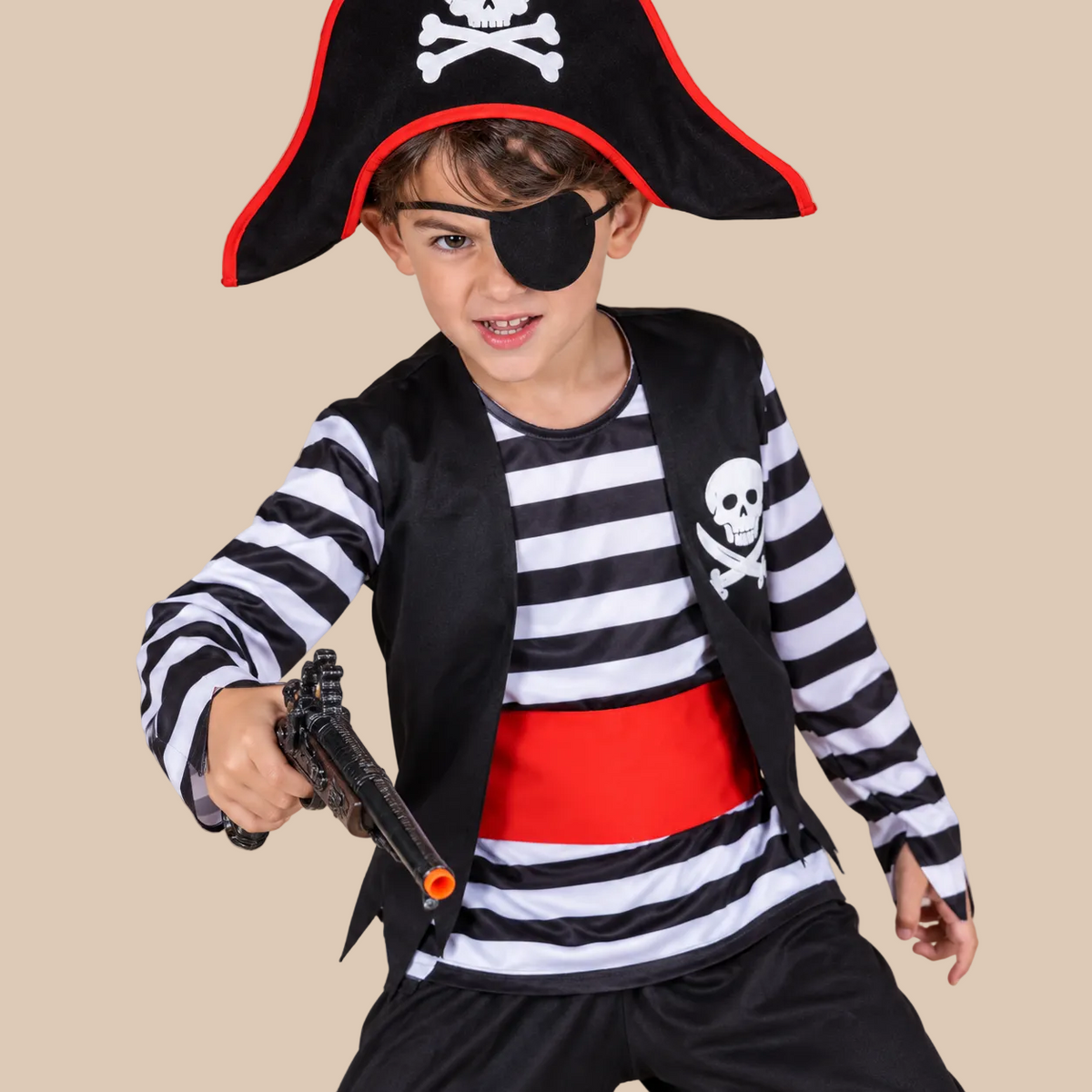 Child’s pirate outfit with a striped shirt and dark trousers, bodice details