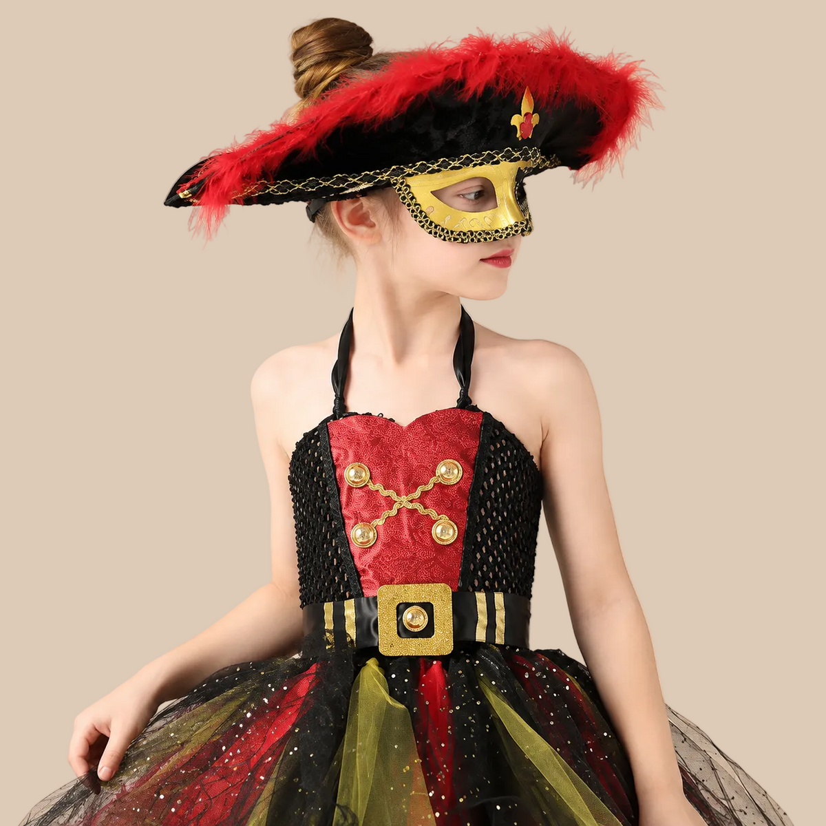 Girl’s pirate dress with a sparkling multicoloured skirt, bodice details