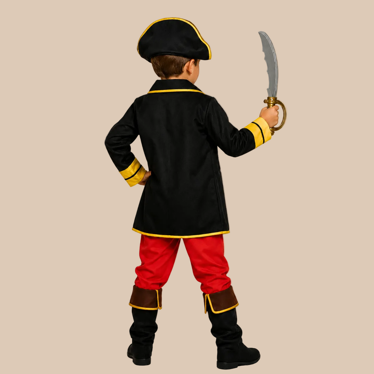 Child’s pirate costume with black jacket and red trousers, back view