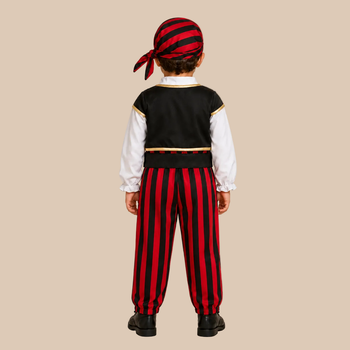 Child’s pirate outfit with red striped trousers, back view