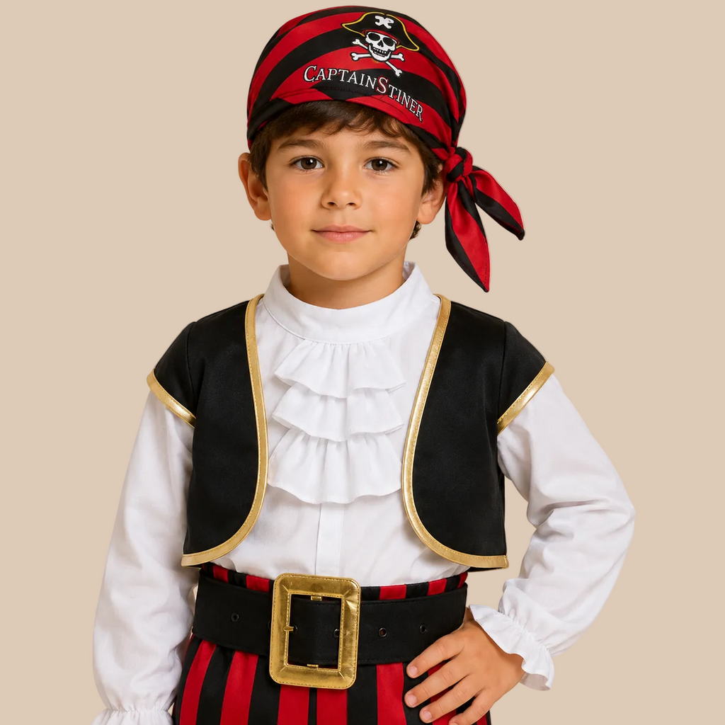 Child’s pirate outfit with red striped trousers, bodice details
