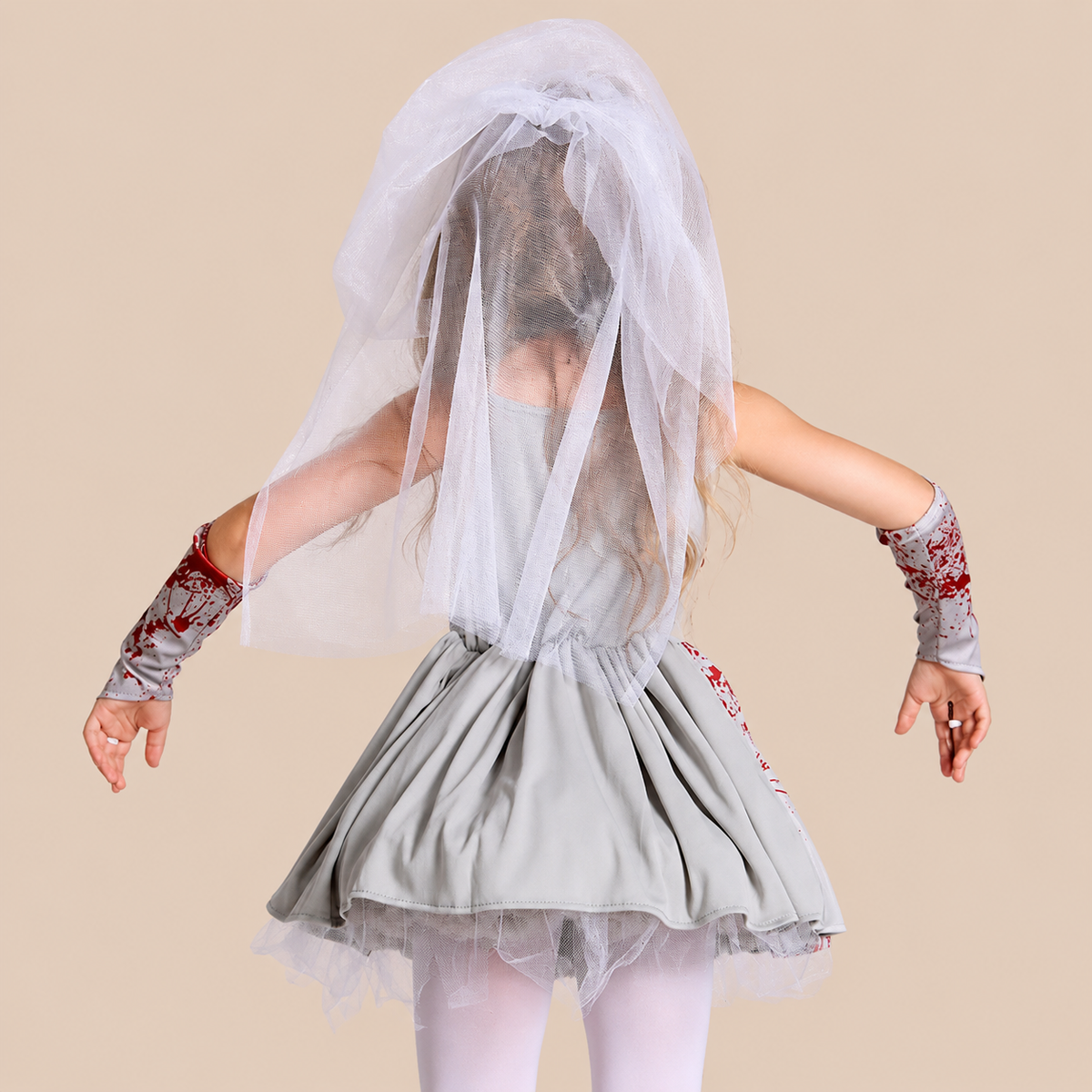 Girl’s grey ghost dress with blood-splatter motifs, back view
