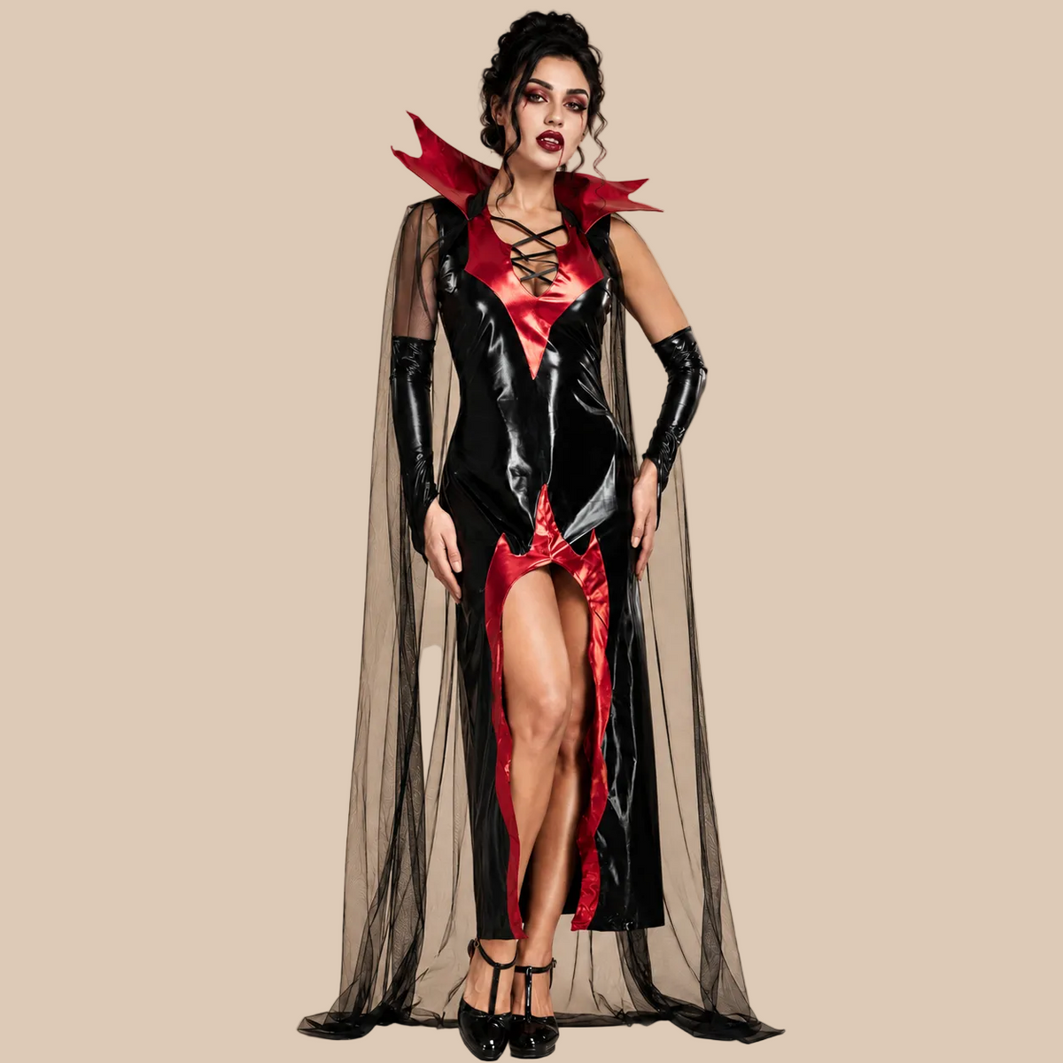 Women’s black and red vampire dress with a raised collar, front view
