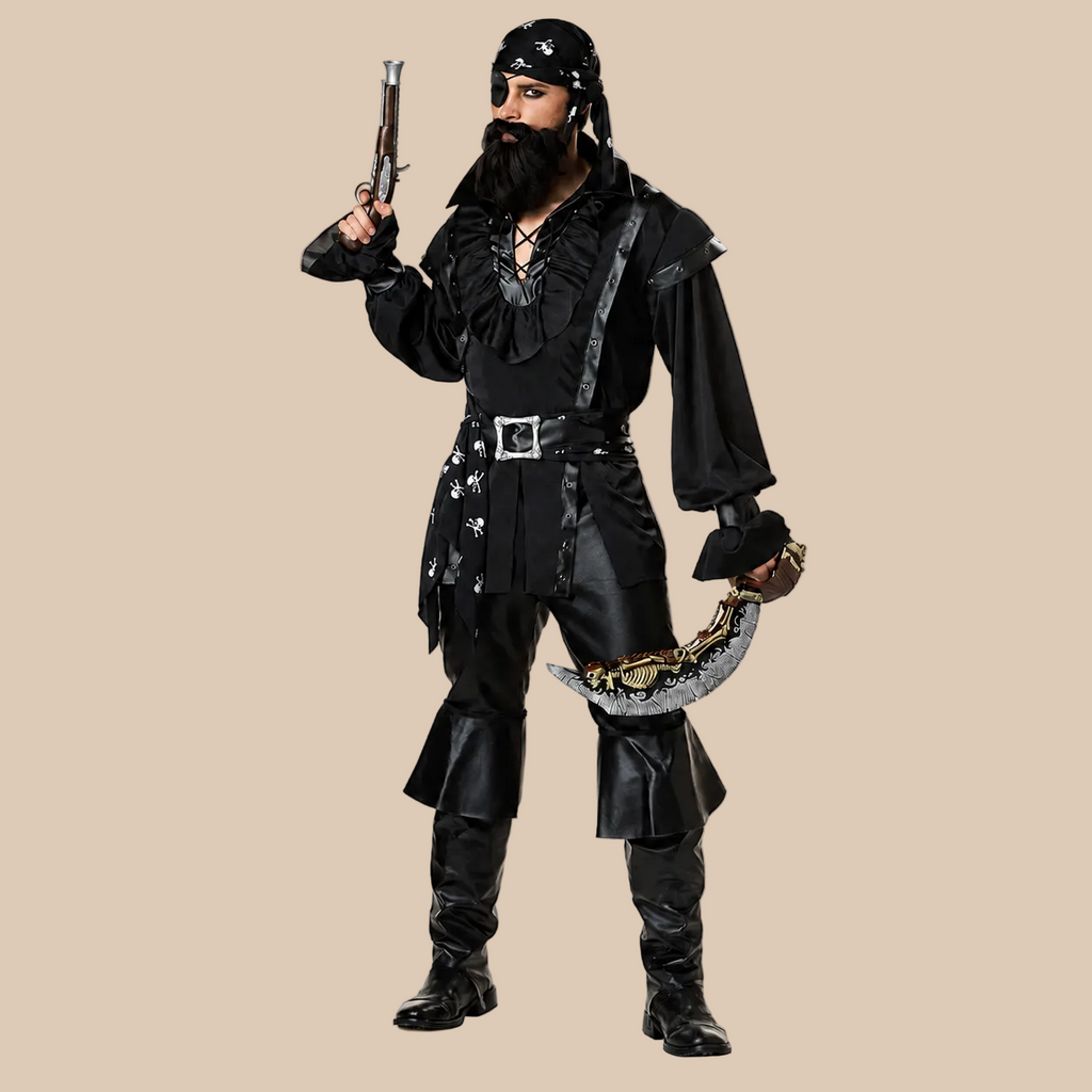 Men’s black pirate costume with a laced neckline, front view